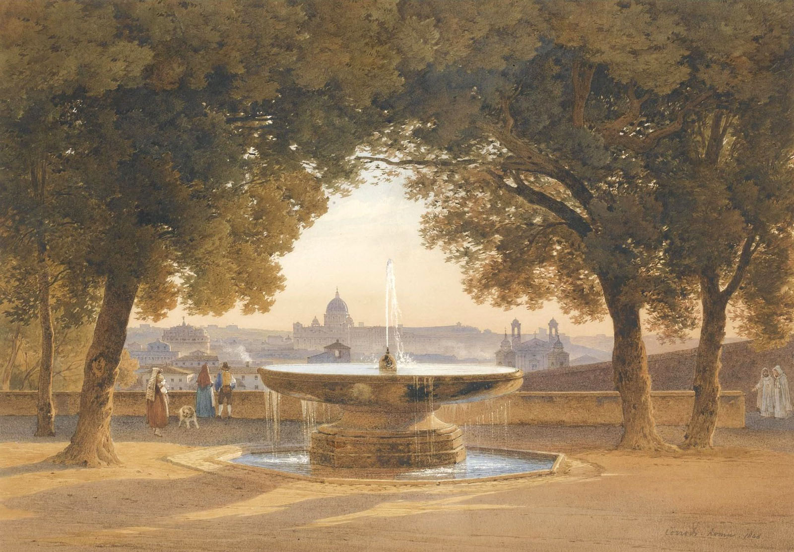 Salomon Corrodi,Fontaine de la Villa Medicis, vue sur Rome (1848)